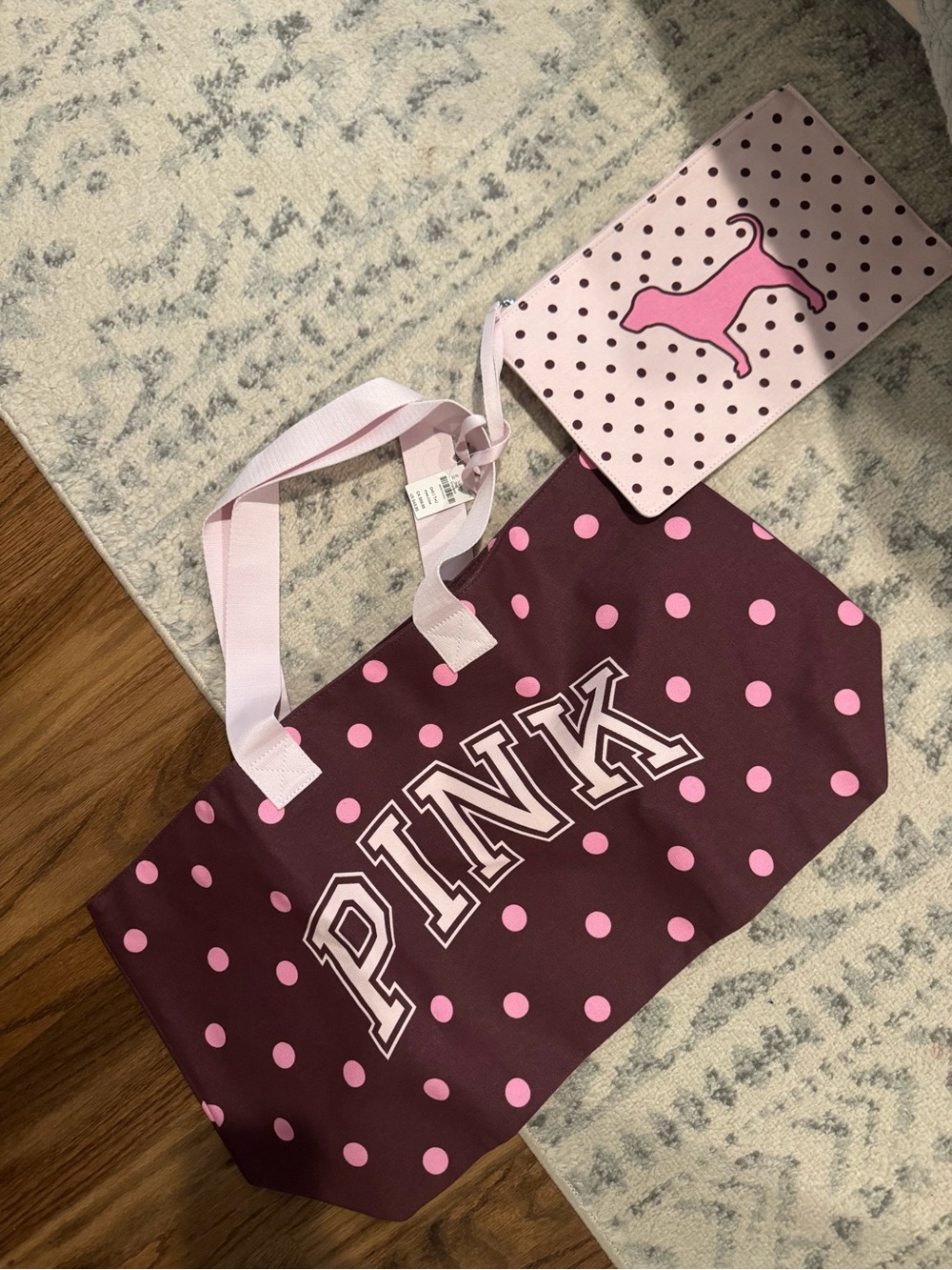 PINK Victoria's Secret Maroon Tote with Pink Polka Dots and Matching Tag